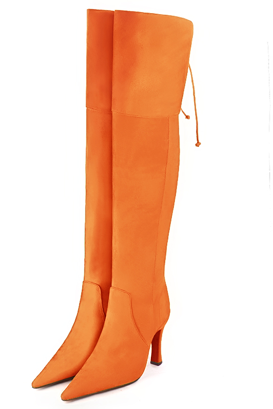 Apricot orange women's leather thigh-high boots. Pointed toe. Very high spool heels. Made to measure. Front view - Florence KOOIJMAN